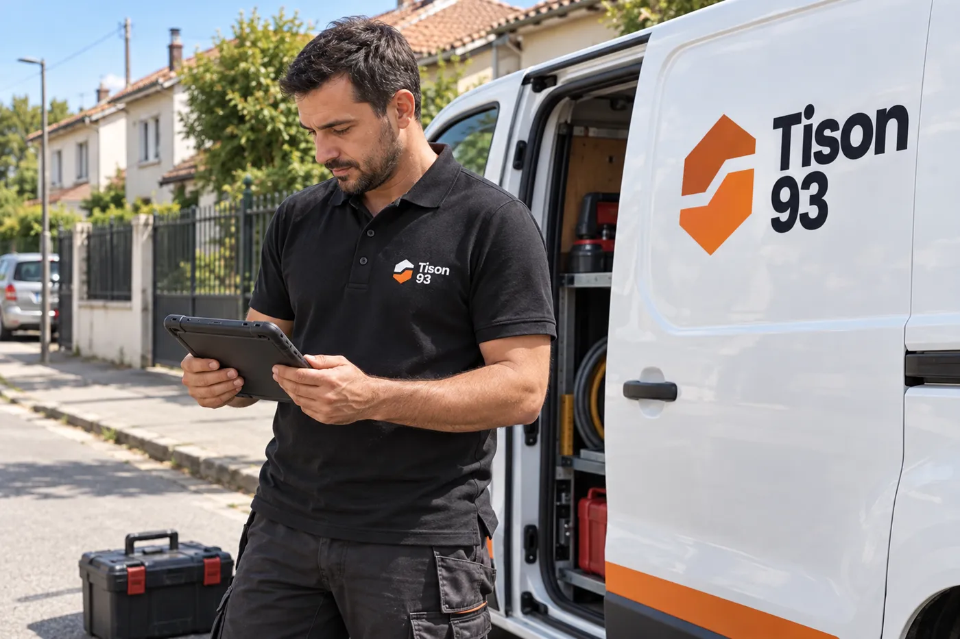 Chauffagiste Tison 93 consultant un diagnostic sur sa tablette à côté de l'utilitaire de l'équipe